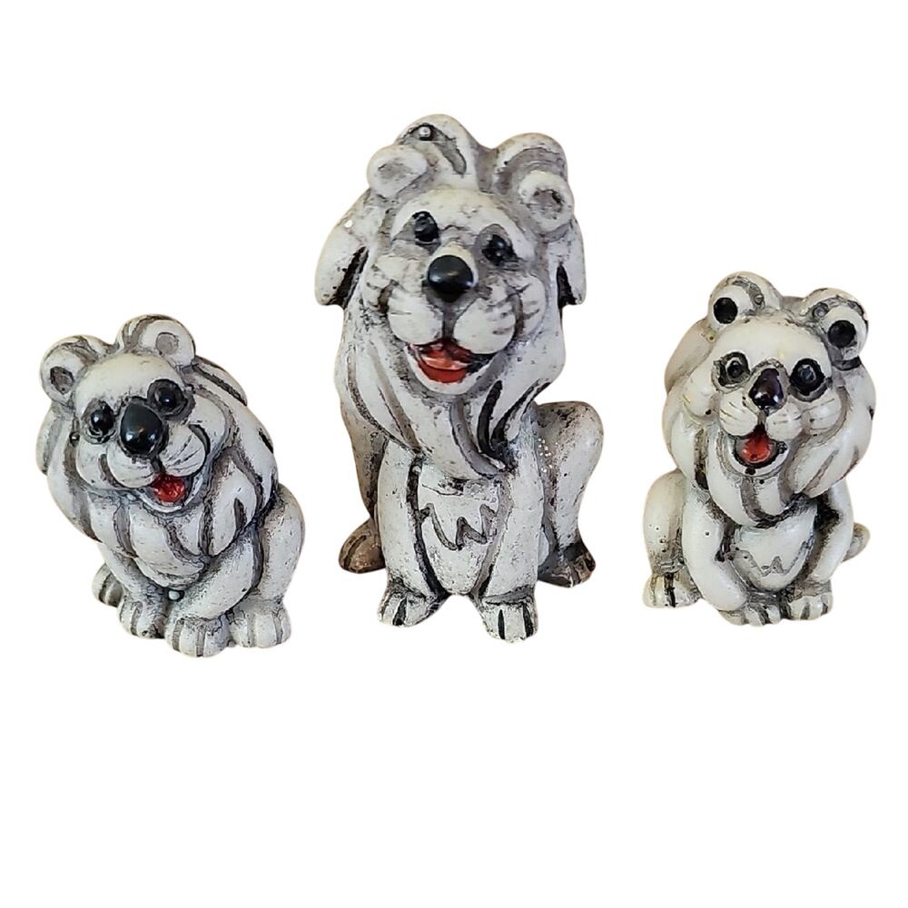 Whimsical Happy Momma Lion and Two Cubs Charming Figurines - Black White Red
